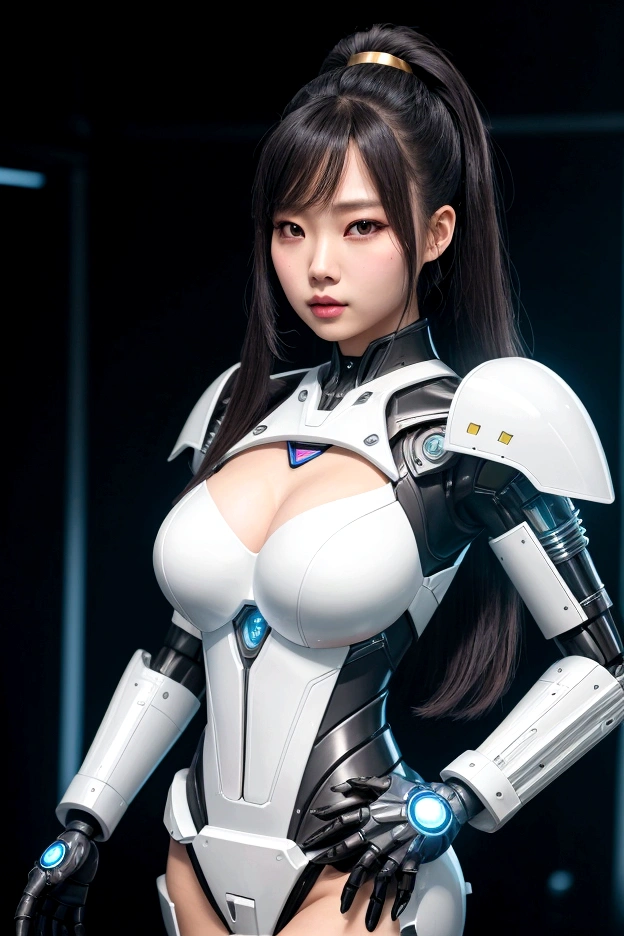 asian woman, standing, stop FRONT VIEW, tez blanca, korean, tits, futuristic clothing, modern outfit provided, NO DEFORMATIONS, beautiful, robot, cyborg, android, light, laser, League of Legends, splah art, sexy, the payment, chrome, Metal, FNAF, Animatronic, White y negro, shadows, contrast, linda, beauty, goddess, kpop, Twice, Blackpink, warframe, robots, EVERGLOW, Aespa, idol, star wars, steel, iron, Metal, the payment, Dark, lingerie, Dorado, gold, lights, trails, cables, wires, doll, doll, doll, haydee. neutral background, armor, haydee, hair without bangs, hair on the sides, long straight hair, hair without bangs, hair on the sides, White, White, lights y detalles celestes.