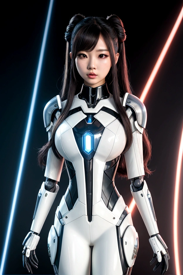 asian woman, standing, stop FRONT VIEW, tez blanca, korean, tits, futuristic clothing, modern outfit provided, NO DEFORMATIONS, beautiful, robot, cyborg, android, light, laser, League of Legends, splah art, sexy, the payment, chrome, Metal, FNAF, Animatronic, White y negro, shadows, contrast, linda, beauty, goddess, kpop, Twice, Blackpink, warframe, robots, EVERGLOW, Aespa, idol, star wars, steel, iron, Metal, the payment, Dark, lingerie, Dorado, gold, lights, trails, cables, wires, doll, doll, doll, haydee. neutral background, armor, haydee, hair without bangs, hair on the sides, long straight hair, hair without bangs, hair on the sides, White, White, lights y detalles celestes.
