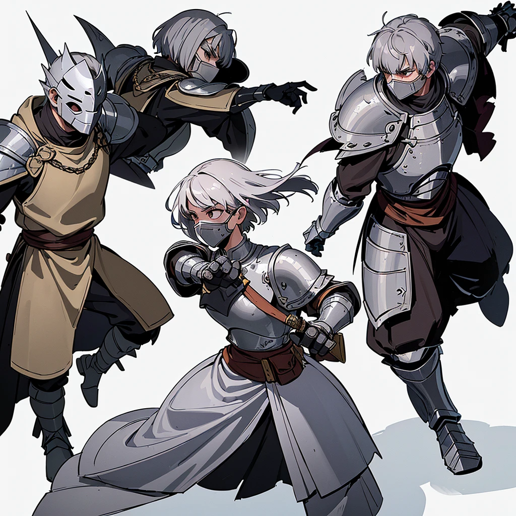 ((Full body character concept, Detailed character design))、Highest quality, Best Quality,Best illustrations、(((Iron Mask、pocket)))、Medieval Armor、Medieval Knight、Full grey armor、(((20-year-old male、Short Hair)))、Dramatic Angle、(battle)、battlefield、Movement angle、Grab the sword、wasteland、(Fighting stance)、Run、(((White background)))、(From the back、Back view)