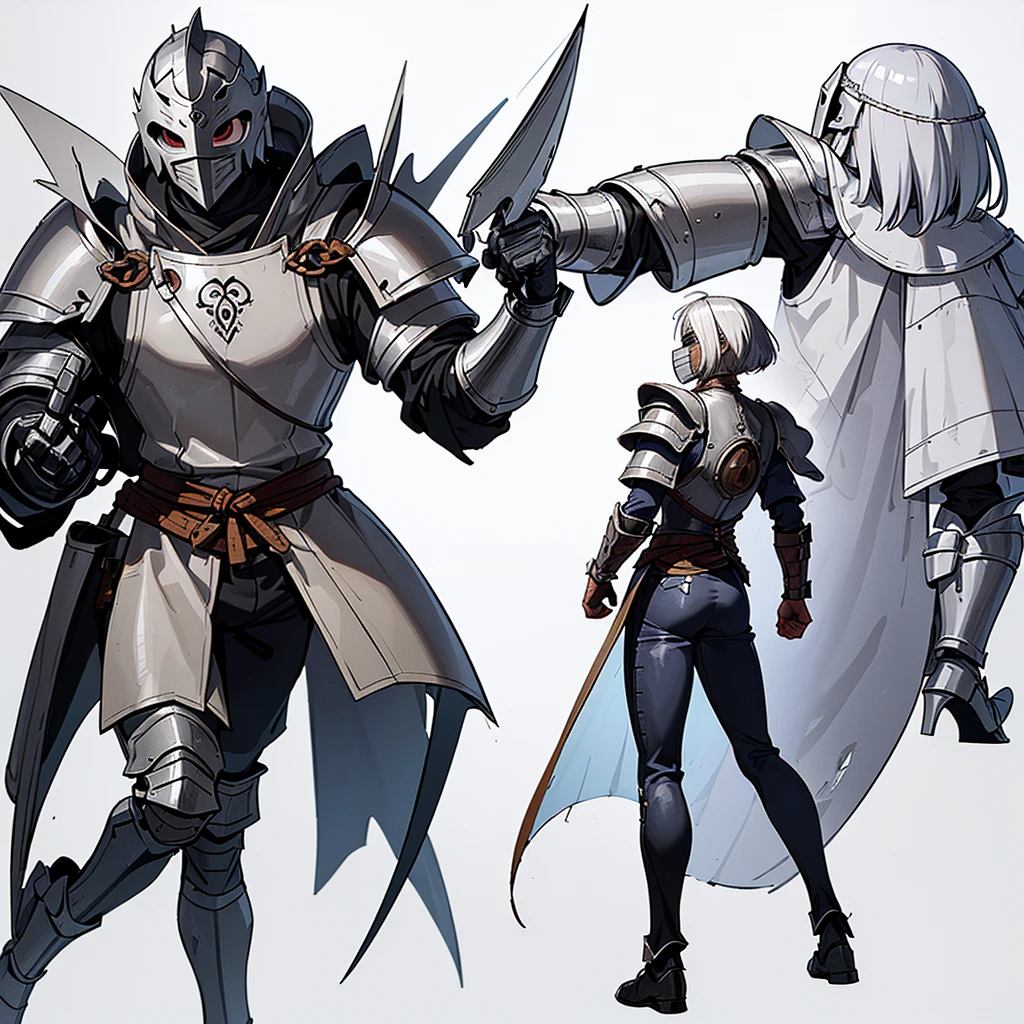 ((Full body character concept, Detailed character design))、Highest quality, Best Quality,Best illustrations、(((Iron Mask、pocket)))、Medieval Armor、Medieval Knight、Full grey armor、(((20-year-old male、Short Hair)))、Dramatic Angle、(battle)、battlefield、Movement angle、Grab the sword、wasteland、(Fighting stance)、Run、(((White background)))、(From the back、Back view)