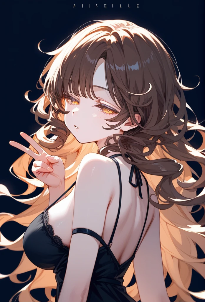 masterpiece, Score_9, Score_8_up, Score_7_up, rear view, 1 woman, alone, brown hair, long curly hair, split bangs, honey eyes, half-closed eyes, parted lips, expressionless, pale skin, large breasts, upper body, Black nightdress with V-neckline, black background, best quality, long and split bangs.