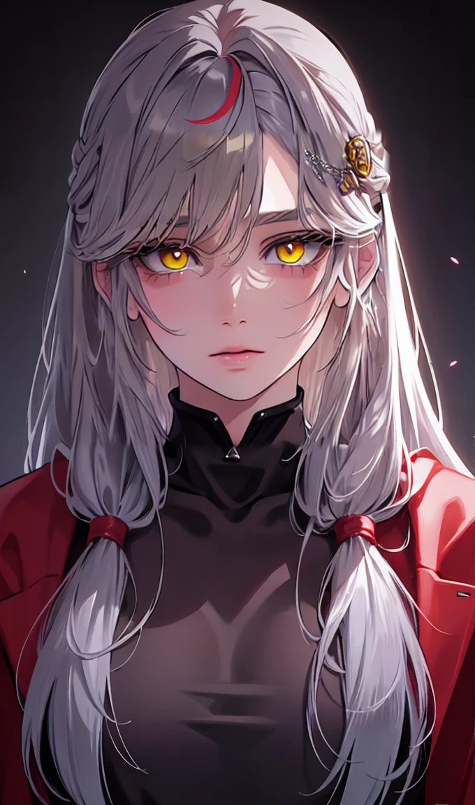1girl, solo,lips, female focus, red eyes, looking at viewer, gray hair, long hair, closed mouth