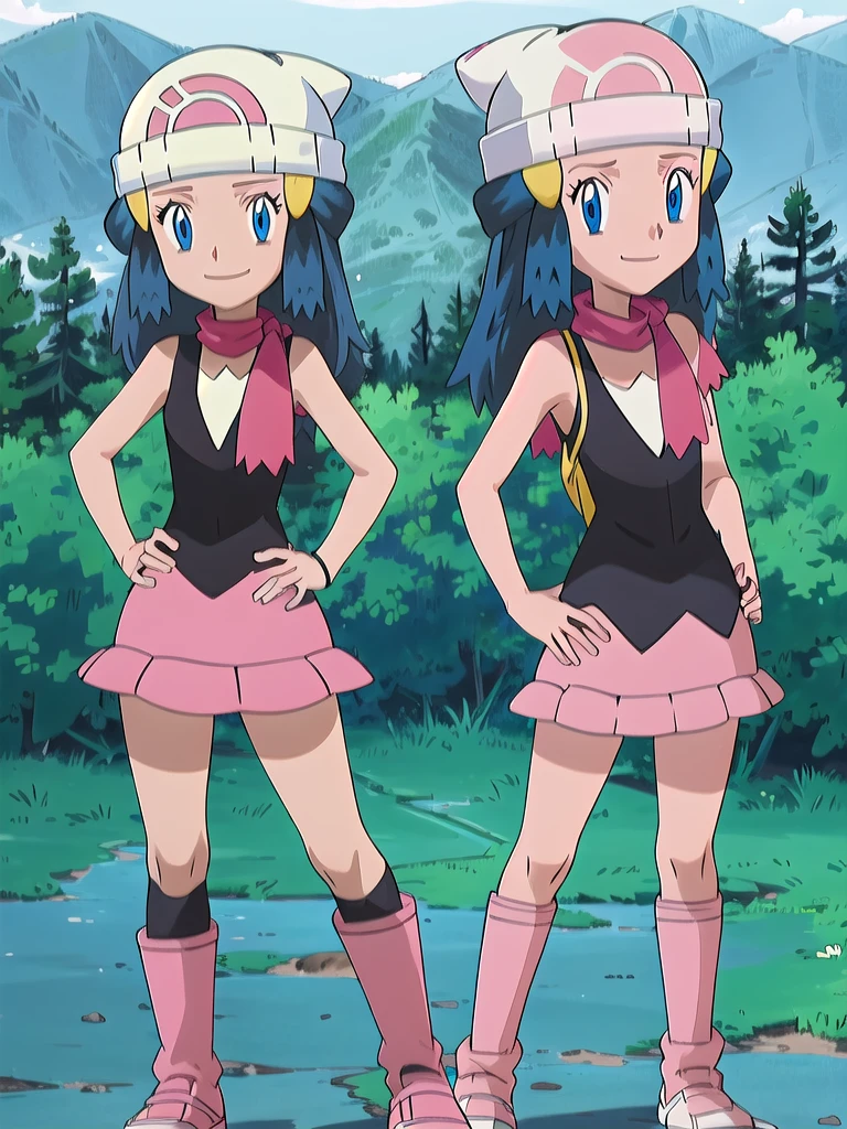 masterpiece, best quality, 1girl, dawn \(pokemon\), beanie, long hair, blue hair, blue eyes, black sleeveless shirt, pink scarf, pink skirt, pink boots, hands on hips, smile, looking at viewer, forest background