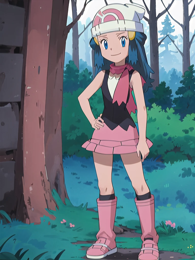 masterpiece, best quality, 1girl, dawn \(pokemon\), beanie, long hair, blue hair, blue eyes, black sleeveless shirt, pink scarf, pink skirt, pink boots, hands on hips, smile, looking at viewer, forest background