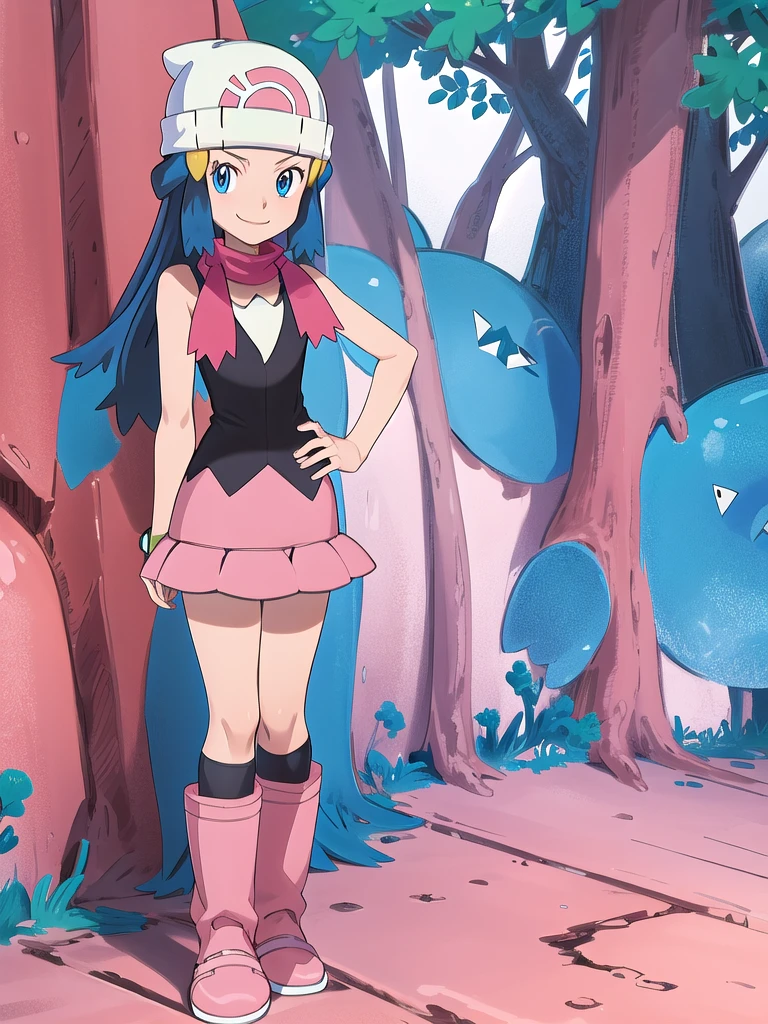 masterpiece, best quality, 1girl, dawn \(pokemon\), beanie, long hair, blue hair, blue eyes, black sleeveless shirt, pink scarf, pink skirt, pink boots, hands on hips, smile, looking at viewer, forest background