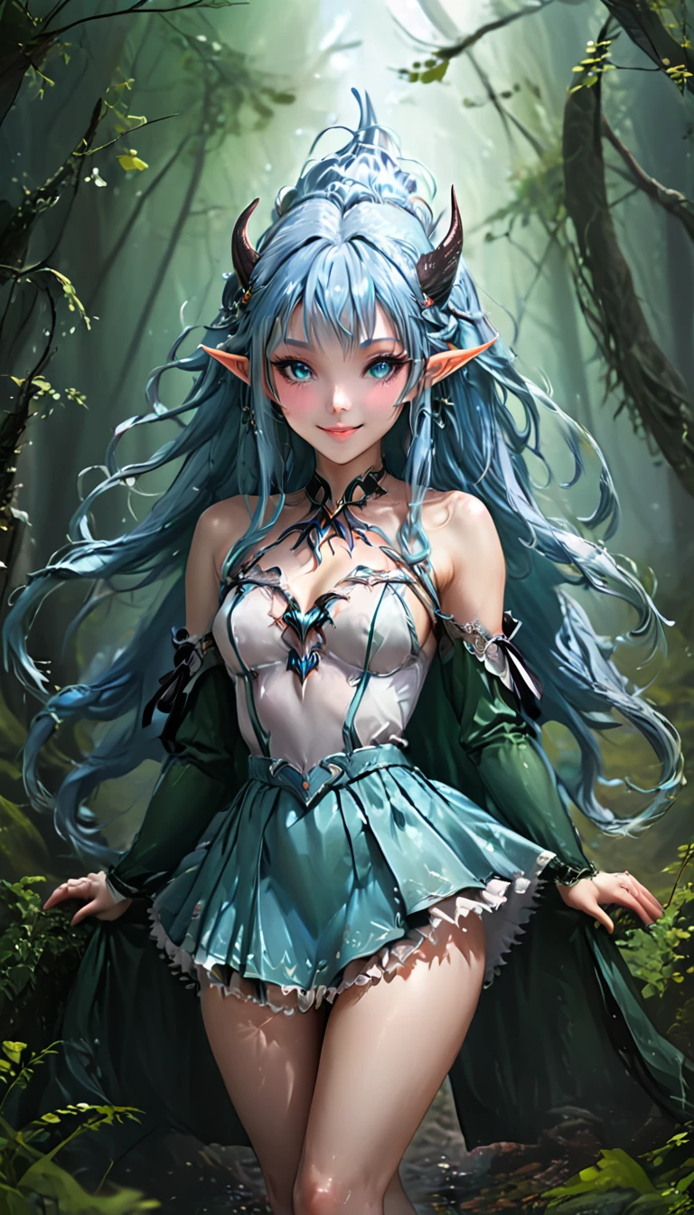 masterpiece, Highest quality, Very detailed, High resolution, An expensive solution, High resolution, masterpiece, depth, Fine texture, Highest quality, Total concentration, (very pretty anime Elf Girl), (Beautiful Gothic Elf Woman, Young Elves, Elf Girl, pretty girl, Young girl),Horns on the headがある, Grin, smile, (A chic white top with beautiful details, ribbon, medium pleated skirt, Fluffy long sleeves, White Cape), Emerald Eyes, Long eyelashes, eyeliner, Huge thighs, Wide Hips, Tight waist, ( Light blue hair, (Light Hair, Long Hair), bangs, Gradient Hair), Shiny Hair,  Forest as a background, Fantasy art, 8k high quality detailed art, A fusion of realism and colorful fantasy, Gothic art style, Fantasy art style, a beautiful fantasy Young Elves, CGI anime Fantasy artwork, charm,  Seductive posture, Vibrant colors, 自信に満ちたsmile, gentle smile, Beautiful attention to detail, Beautiful lip detail, Very detailed目と顔, Long eyelashes, Vibrant colors, Professional, Very detailedな, Intricate details, Volumetric lighting, Lens flare, particle,(White and platinum color scheme), mysterious, mysteriousな.Horns on the head