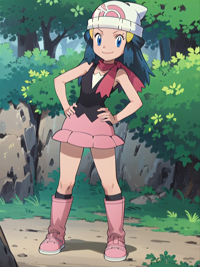 masterpiece, best quality, 1girl, dawn \(pokemon\), beanie, long hair, blue hair, blue eyes, black sleeveless shirt, pink scarf, pink skirt, pink boots, hands on hips, smile, looking at viewer, forest background