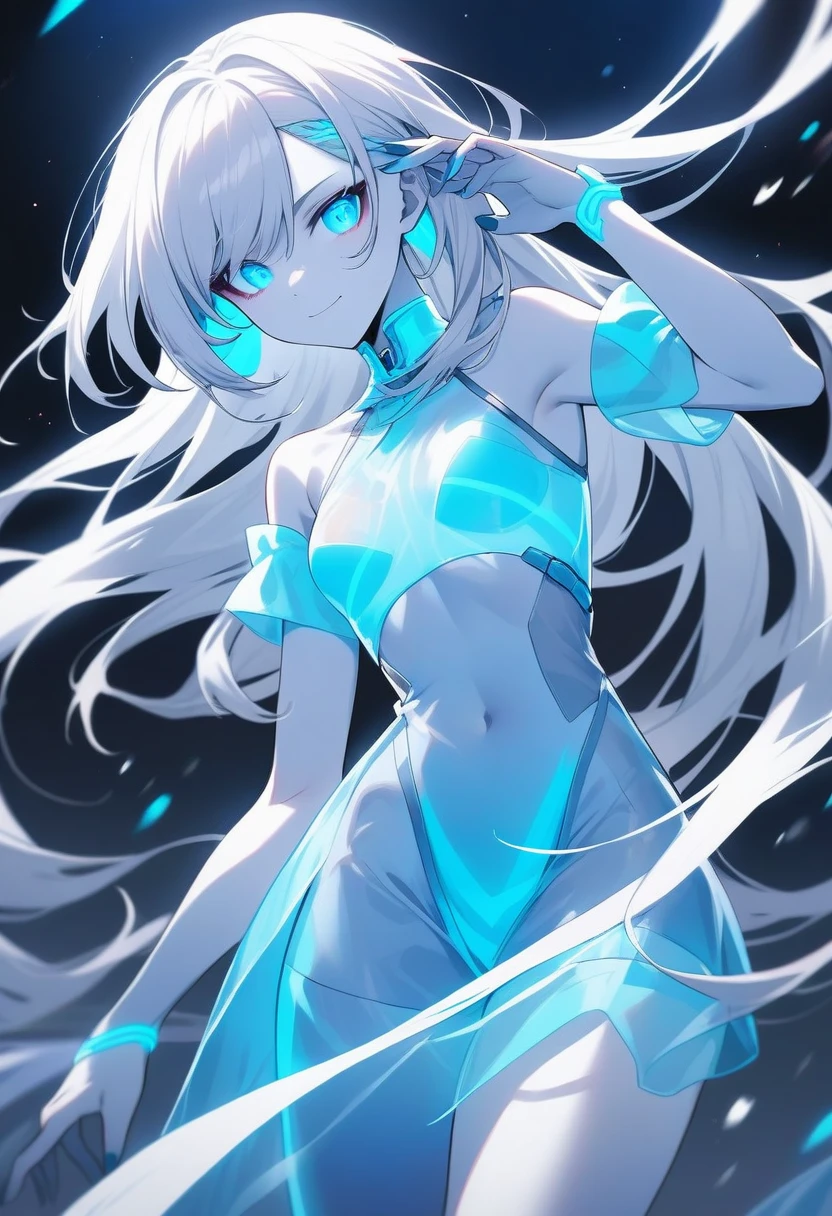 blue neon glowing girl with semi-transparent cloths and hair, white skin, 