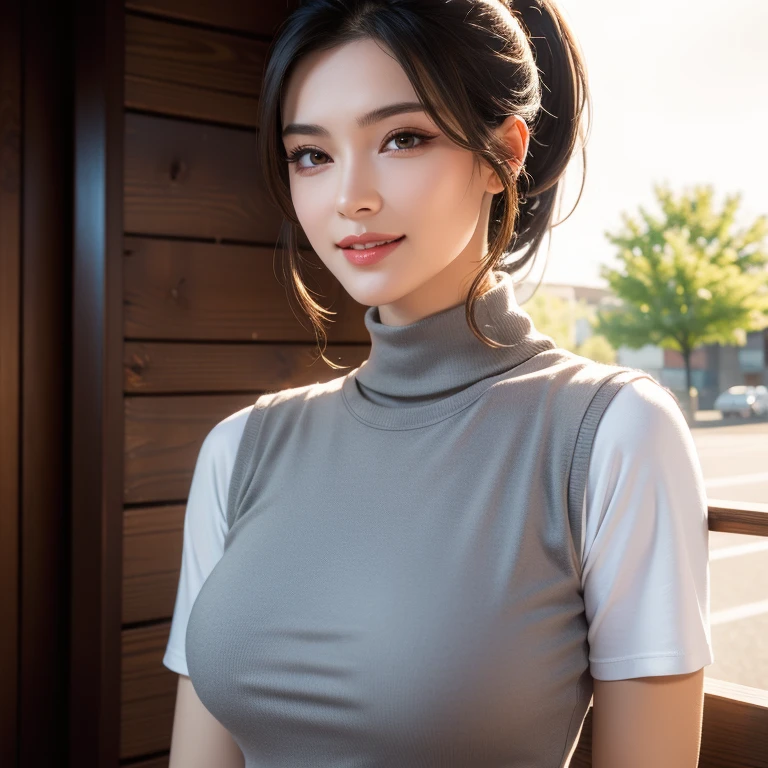 a beautiful young woman in a casual outfit, ponytail, detailed face, alluring eyes, full lips, large bust, turtle neck t-shirt, gray vest, outdoor date setting, soft lighting, warm colors, photorealistic, 8k, cinematic, beautiful detailed eyes, beautiful detailed lips, extremely detailed face and eyes, long eyelashes, intricate clothing textures, elegant posing, warm smile, romantic atmosphere