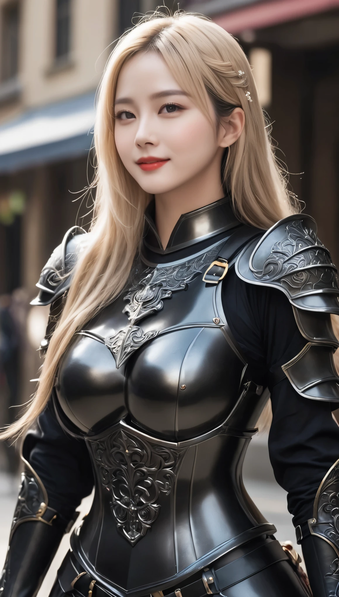 masterpiece,Highest quality,High ranking knight,(女性Black Knight_Black Knight:1),(Jet black full body armor:1.3), (35歳の女性Black Knight:1.3),、Very large ample breasts Big big cleavage ,Hyper Real,中世ヨーロッパのbattlefieldにいる,Beautiful smile、British women、Delicate skin texture to the smallest detail、Detailed blue eyes (Very large)、(キレイな中年女性Black Knight)、(Fluffy long blonde hair)、Dense and dense skin texture、(((Very big huge boobs)))、女性Black Knight、(((Big big cleavage)))、Jet Black Armor、Jet black long boots、Jet Black Earrings、Red lips、(((Jet black full body armorを身にまとった)))、Jet Black Gloves、((She has a fancy long sword))、The sword is ornately decorated..........................、((The blade is crimson))、(女性Black Knight)、(battlefield)、