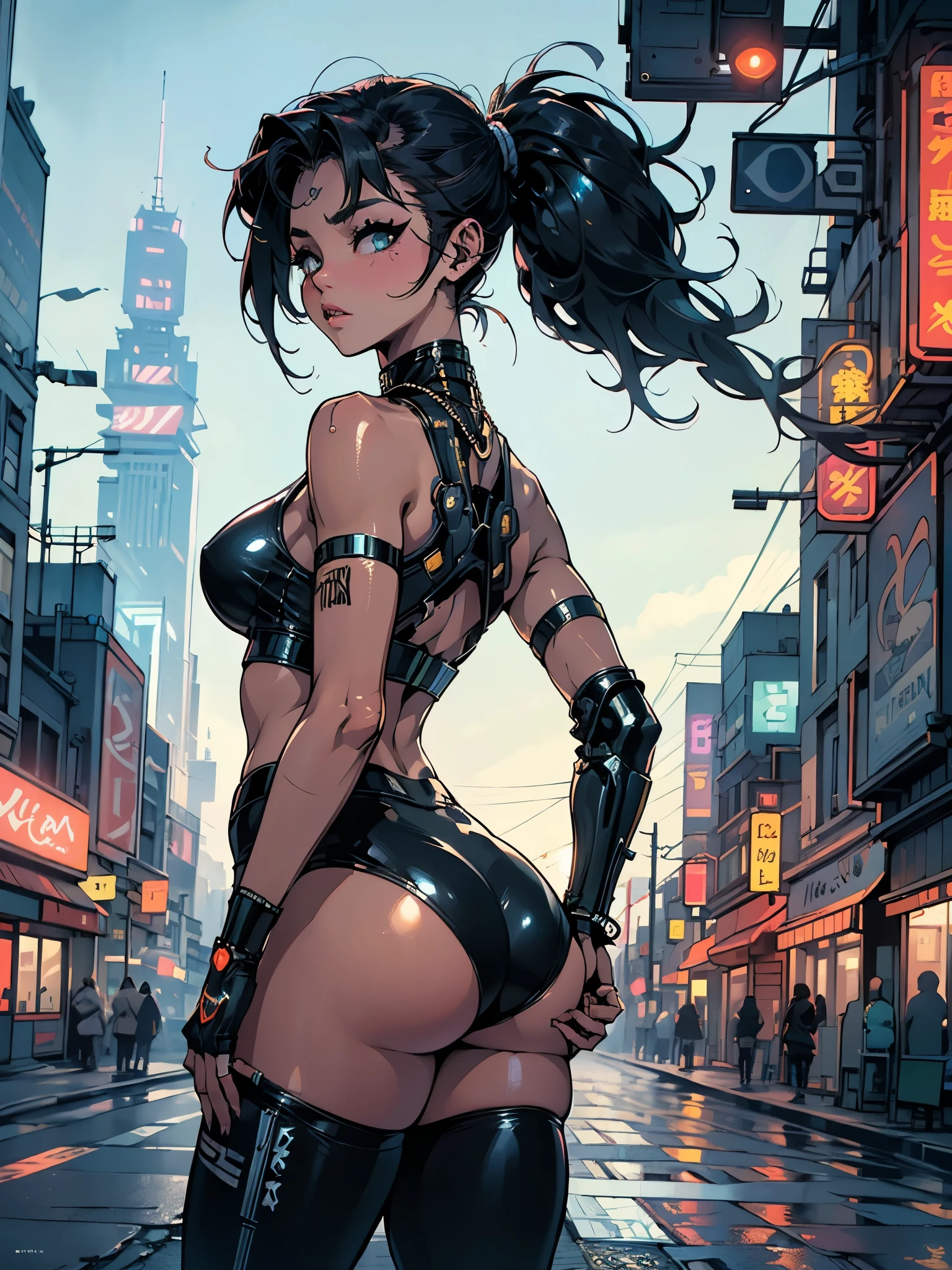 A LOFI STYLE IN A CYBERPUNK CITY, (((thick fit body e coxas, booty, small round perky breasts with shiny skin))), neckleace, fully body, facing the front, on a street with wet asphalt
