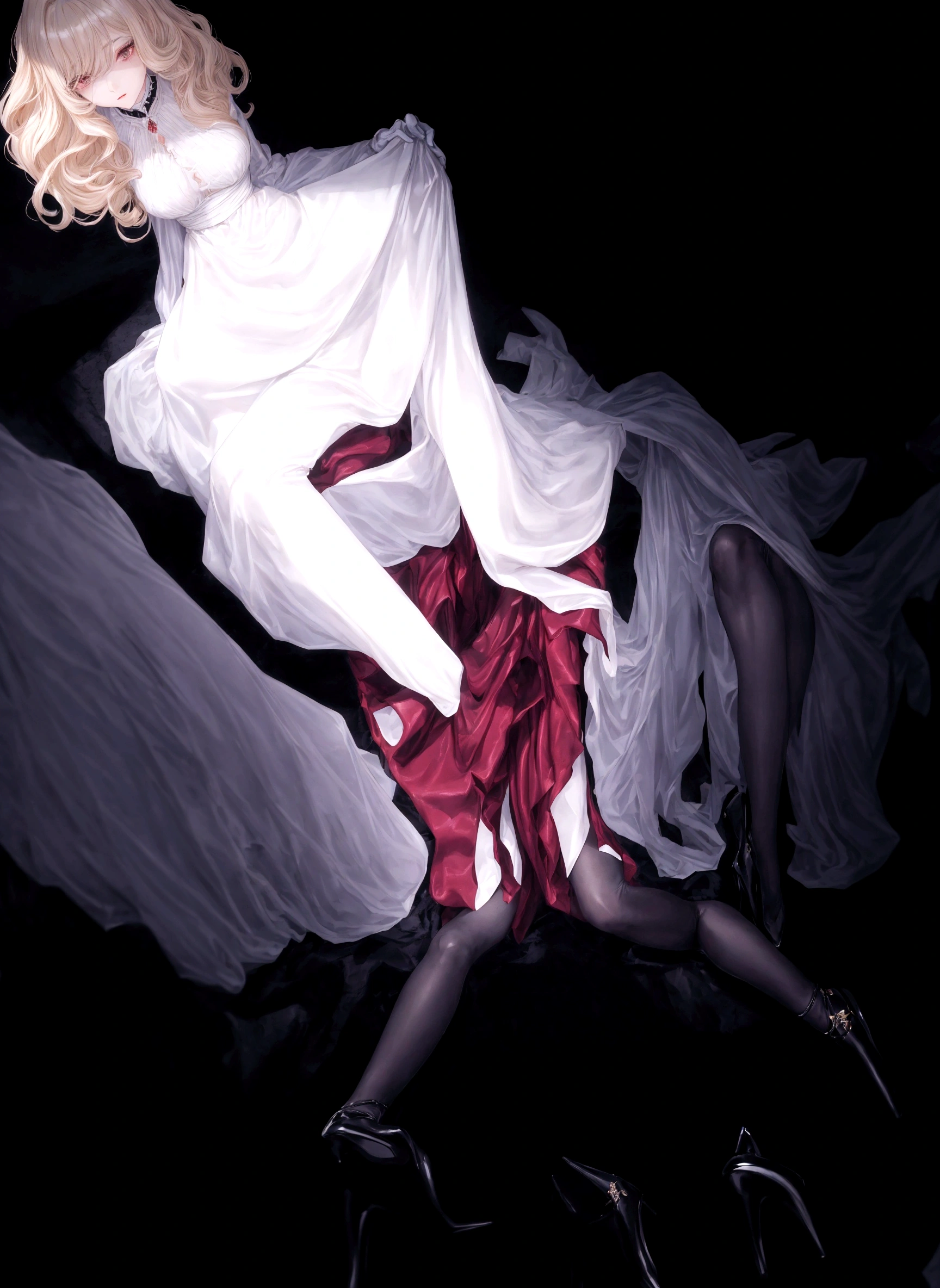 A pale beauty sits demurely on a shiny black tile floor, surrounded by suited gentlemen. Her beige hair falls in soft waves around her heart-shaped face. A cream-colored blouse hangs loose, its folds spilling over her knees like a gentle waterfall. Dark red latex stockings and gloves stretch taut against her legs, the reflective sheen drawing attention to her slender frame. Black stilettos elongate her legs, making her appear statuesque. The men standing around her wear elegant red dress shoes, their eyes fixed on her as she sits serenely, her stuffed legs a subtle nod to her vulnerability.