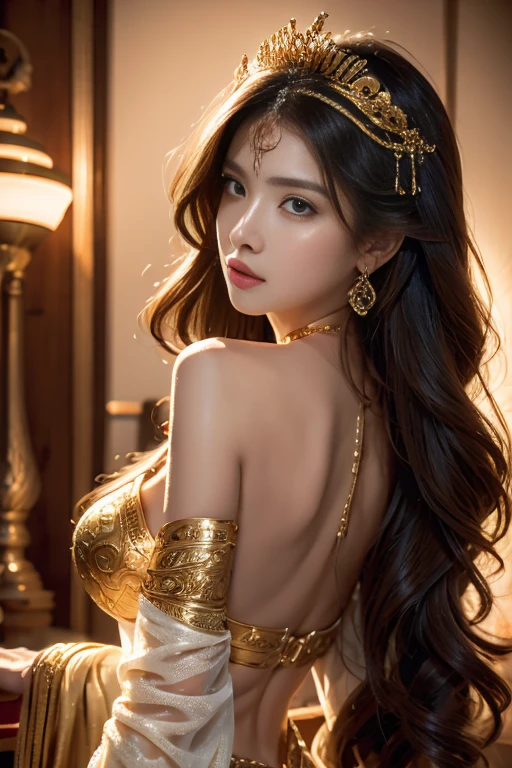 Absurd, ultra-detailed, high quality, masterpiece, detailed face, beautiful eyes(detailed eyes), Greek mythology, Goddess, Hera , the queen of the gods, striking and captivating, features are classically beautiful, with high cheekbones, a perfectly proportioned face, eyes depicted as large and captivating, hold an intense gaze, golden hair , Gole hair is luxuriant and flowing, cascading down her back in waves , wearing elegant robes adorned with intricate patterns , Her beauty is not merely superficial but embodies the essence of power, authority, and regality.