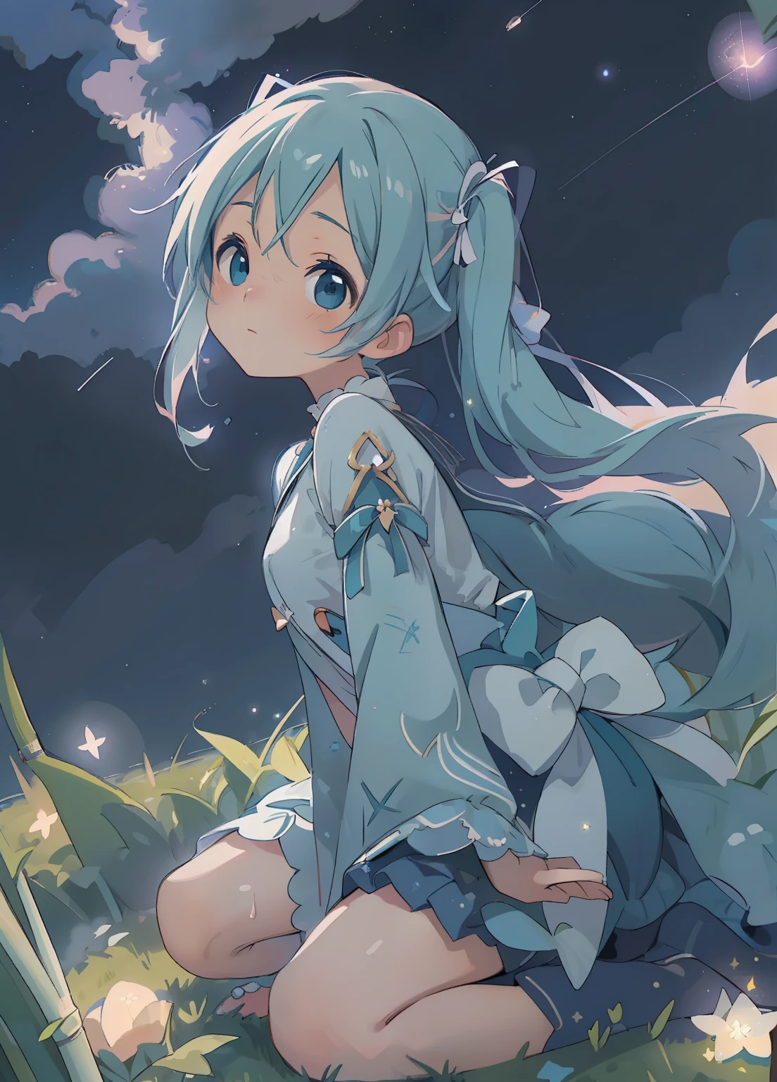 (masterpiece、Highest quality、Highest quality、Official Art、Beautiful and beautiful:1.2)、(One girl:1.3)Hatsune Miku、Twin tails,Beautiful breasts,Starry Sky、milky way、Tanabata、Orihime、Altair、Deneb、altair、Vega、Summer Great Triangle、Looking up at the night sky、grassland、shooting star、Bamboo leaf、Wish on a strip of paper、Night sky full of sky、Front angle