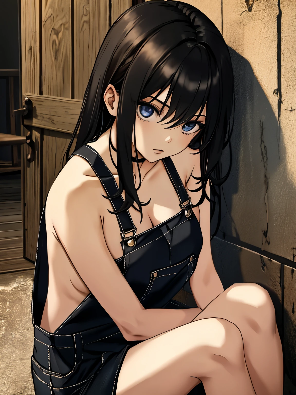 1girl, goth, shirtless, black overalls, farmhouse, sitting on floor, sitting against wall, breasts