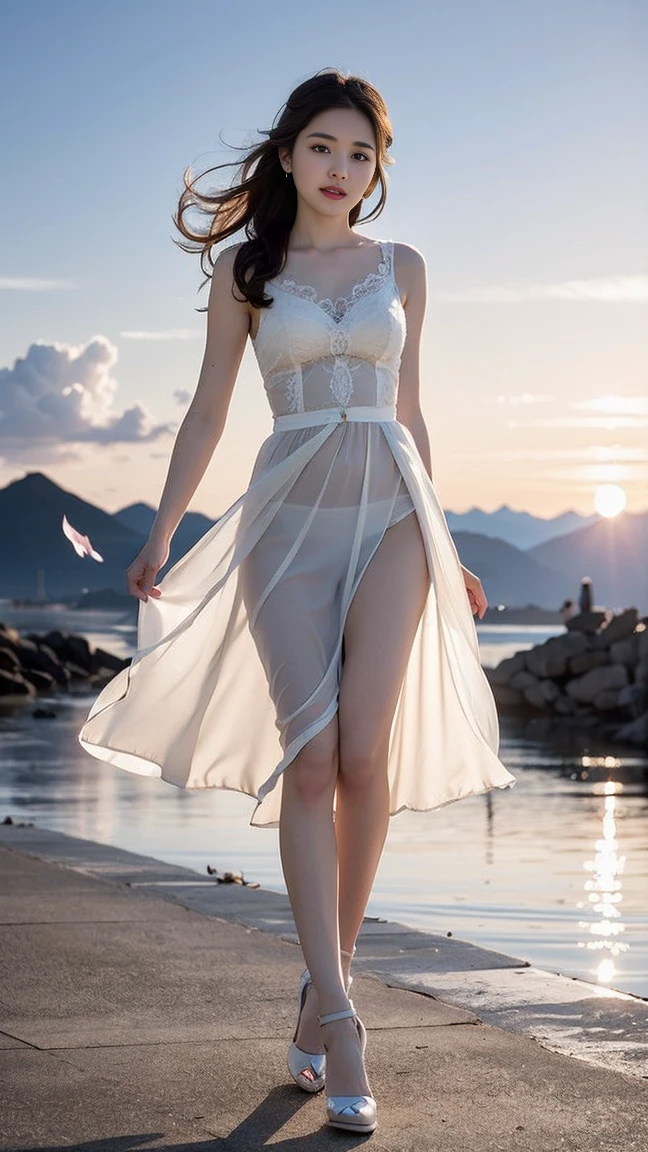(masterpiece, top quality, best quality,1girls,Korean, beautiful face, smile, long hair, 19 years old, Tank top, ((Light grey straight dress:1.1)), White shoes, hills, full body view, sunset,Bangs to eyebrows、Beautiful brown hair、Beautiful and delicate eyes、Brown eyes、Raise an eyebrow、Bangs to eyebrows、Beautiful brown hair、Beautiful and delicate eyes、Brown eyes、Raise an eyebrow、High Nose、Small nostril、Little mouth、Tempting lips、Mouth slightly open、Beautiful breasts、Full body、Oval face,Phoenix Eyes,Eyebrow, Double eyelids, Long eyelashes, A faint smile, full-body shot:1.2,Long legs and fair skin,She has a pair of eyes as clear as water,Eyebrows are like distant mountains,Creamy skin,Lips like cherry blossoms。Long legs and fair skin, A faint smile, full-body shot