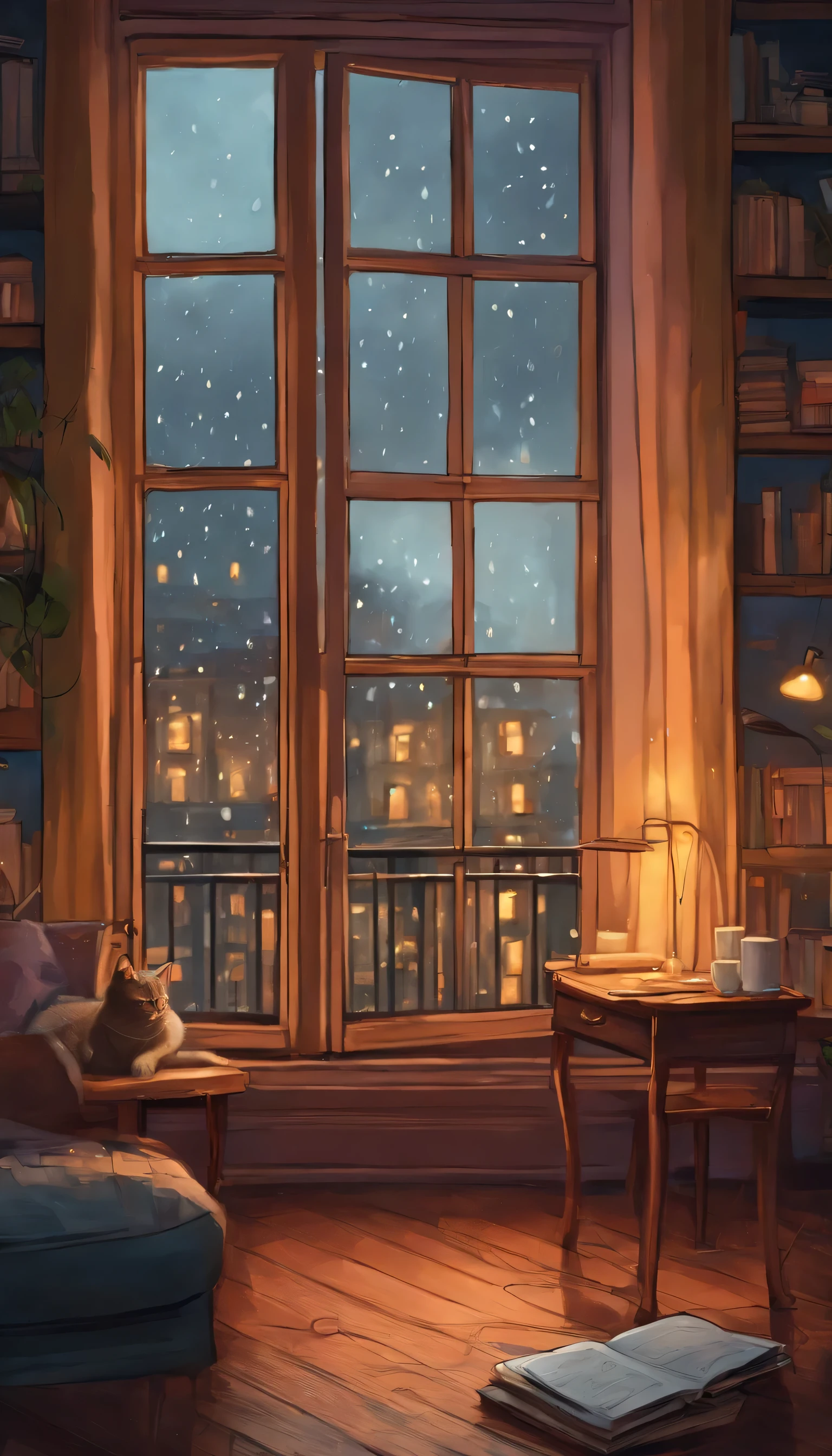 *Imagine a cozy, dimly lit room. The soft glow of fairy lights twinkles around the window, and the gentle hum of a record player fills the air with soothing lofi beats. Outside, raindrops patter lightly against the windowpane, creating a calming rhythm. A steaming mug of tea sits on the desk next to an open notebook, its pages filled with handwritten notes and doodles. A cat curls up in a chair by the window, contentedly purring as it watches the rain.*