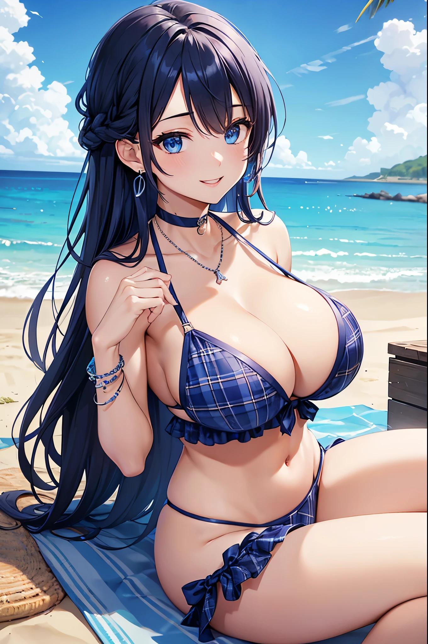 Highest quality、Highest quality、masterpiece、(8K),beauty(Age 25)、Navy blue long hair(Braiding of the sides)、blue eyes、Sexy Bikini(Plaid)、Big cleavage、(Big Breasts)、smile、blue necklace、Blue Earrings、background(Beach)、Please open your mouth wide、bracelet、Arch Pose、Blue choker