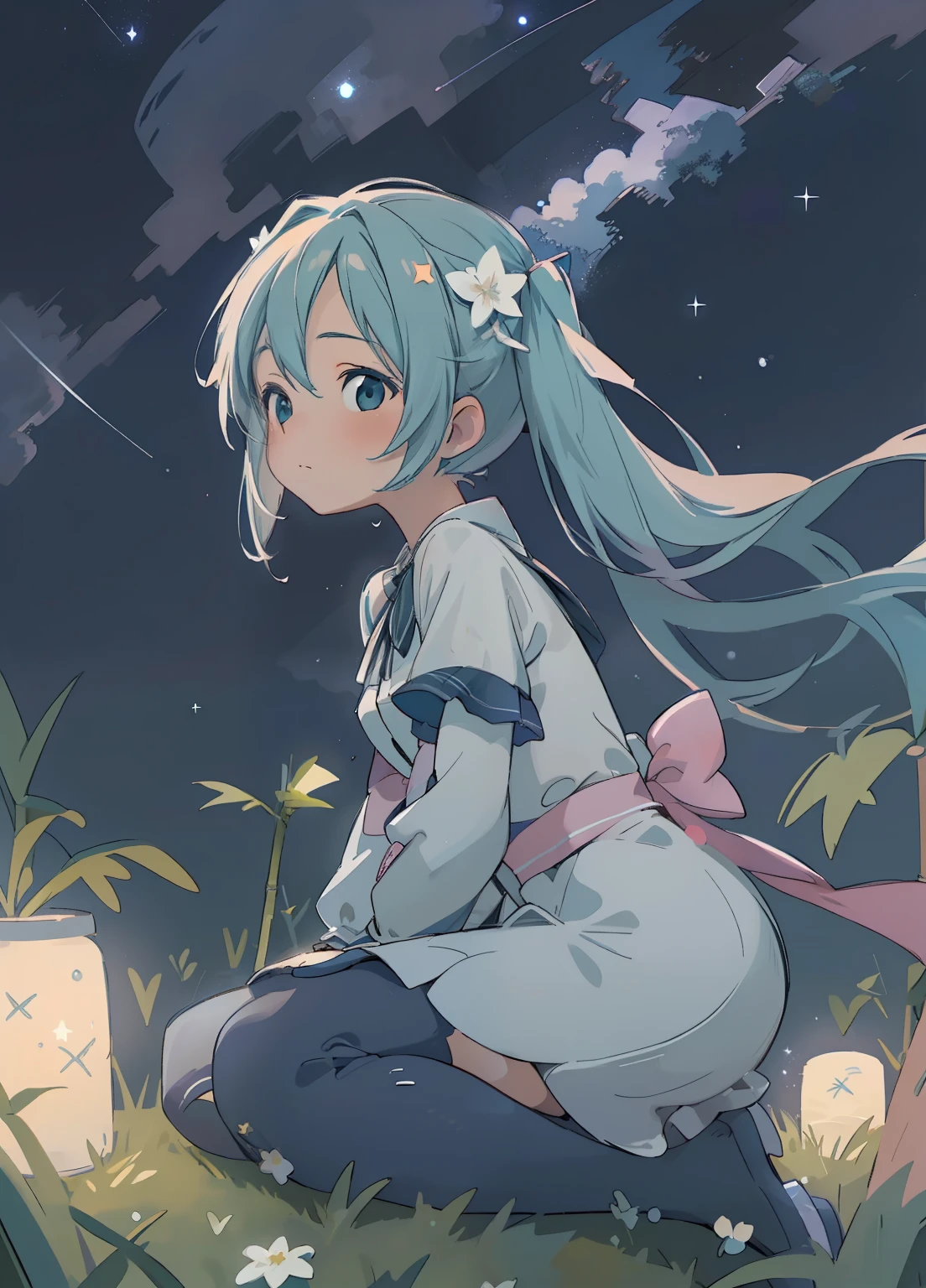 (masterpiece、Highest quality、Highest quality、Official Art、Beautiful and beautiful:1.2)、(One girl:1.3)Hatsune Miku、Twin tails,Beautiful breasts,Starry Sky、milky way、Tanabata、Orihime、Altair、Deneb、altair、Vega、Summer Great Triangle、Looking up at the night sky、grassland、shooting star、Bamboo leaf、Wish on a strip of paper、Night sky full of sky、Front angle