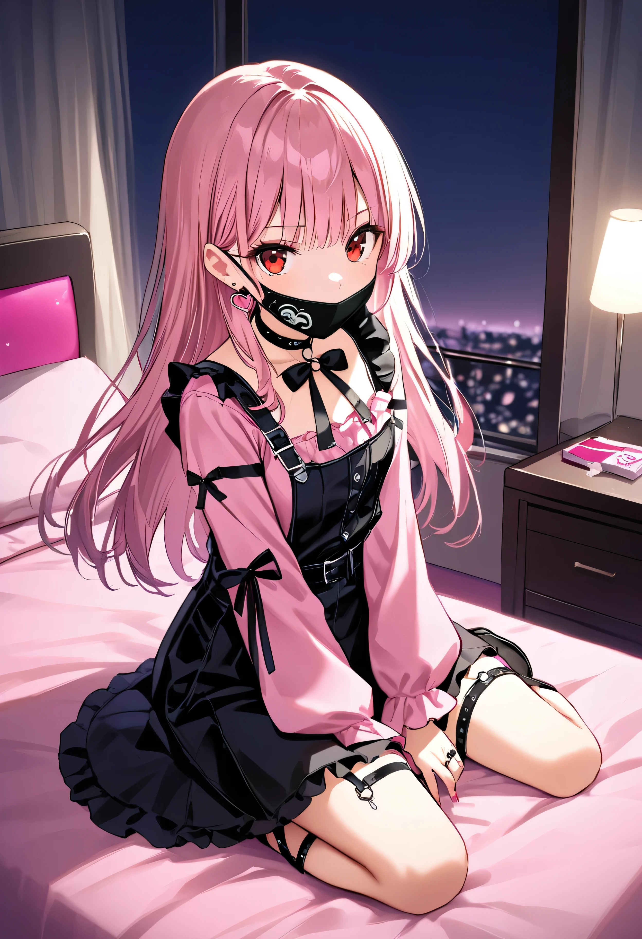 (score_9_, score_8_superior, score_7_superior, sauce_anime, 8K, masterpiece, Highest quality, Super detailed, Very delicate and beautiful, Official Style, Depth of written boundary, Very detailed, so beautiful, Complex, Overall Details, Perfect Anatomy), View your viewers, ((Faint Light:1.2)), sit, wariza, ベッドのsuperior, (indole, Hotel Rooms, Love Hotel, Pink Wall, pink bed sheets), (Condom box, Condom packaging), (pink smartphone, Ribbon Strap), Break 1 Girl, alone, (Black Hair, Pink Hair, Two-tone hair), Long Hair, two side superior, Black Hair bow, Red eyes, jirai kei, (Cross-strap clothing, Pink Shirt, Long sleeve, Frillsed sleeves), Frills, Black bow tie, Black Skirt, sblackuspendersheart brooch, heart earrings, ring, Manicure, Pink Nails, Black nails, (Mouth mask, black Mouth mask), Black belt, o-ring thigh strap, Black Choker, Grin