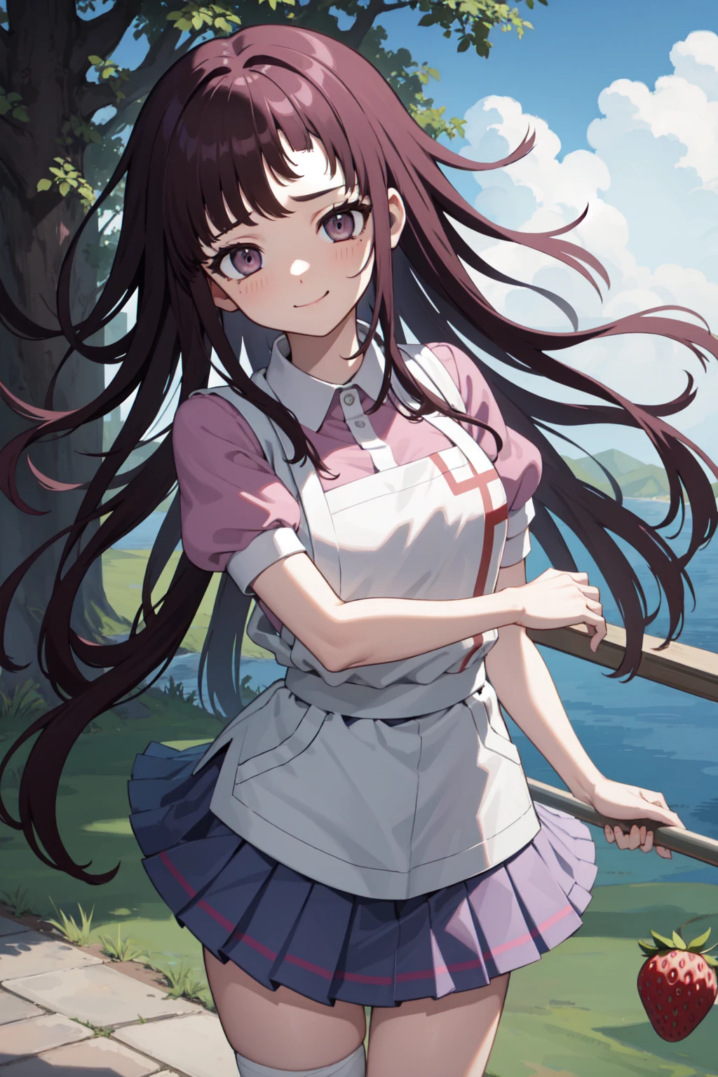 masterpiece, best quality, highres, large breasts, tmikan, purple hair, (brown eyes:1.2), long hair, messy hair, bandaged arm, bandaged leg, bandaid on knee, pink shirt, puffy short sleeves, white apron, pleated skirt, outdoors, looking at viewer, closed mouth, smile, puppy eyes, waterfall background, grass, holding strawberry donuts,