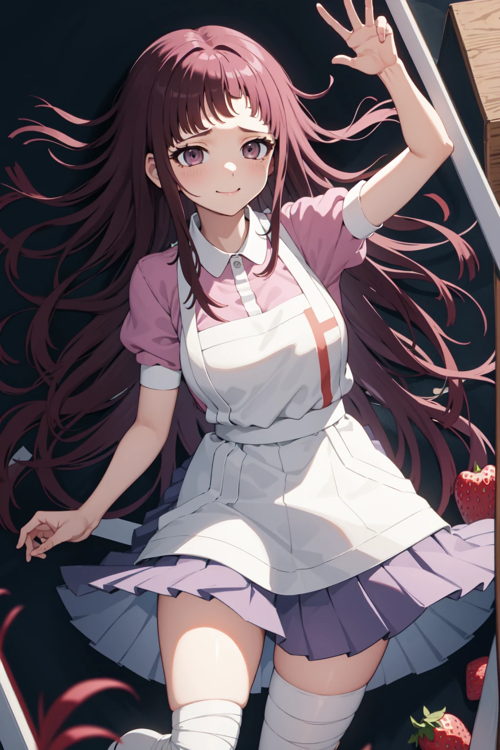 masterpiece, best quality, highres, large breasts, tmikan, purple hair, (brown eyes:1.2), long hair, messy hair, bandaged arm, bandaged leg, bandaid on knee, pink shirt, puffy short sleeves, white apron, pleated skirt, outdoors, looking at viewer, closed mouth, smile, puppy eyes, waterfall background, grass, holding strawberry donuts,