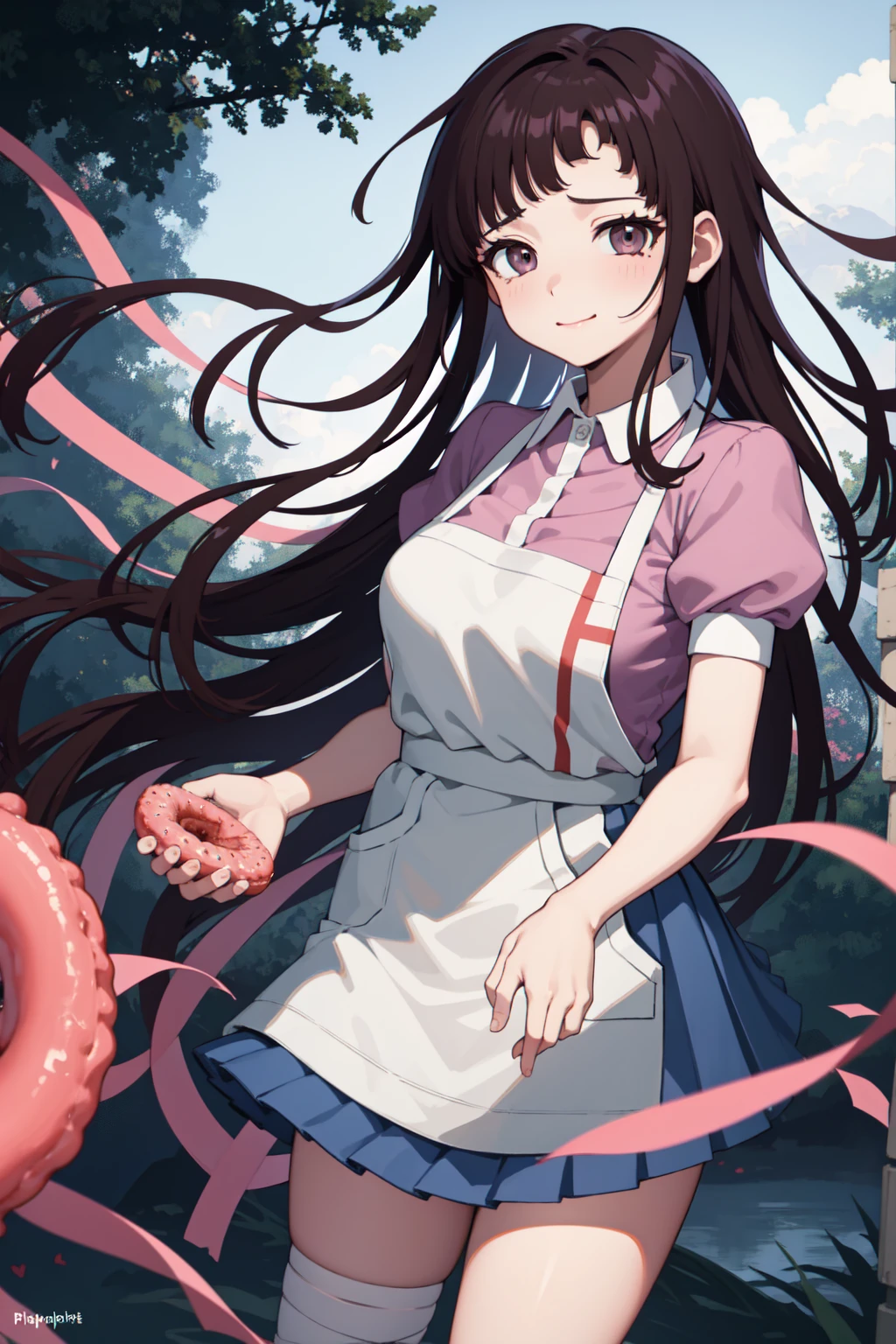 masterpiece, best quality, highres, large breasts, tmikan, purple hair, (brown eyes:1.2), long hair, messy hair, bandaged arm, bandaged leg, bandaid on knee, pink shirt, puffy short sleeves, white apron, pleated skirt, outdoors, looking at viewer, closed mouth, smile, puppy eyes, waterfall background, grass, holding strawberry donuts,