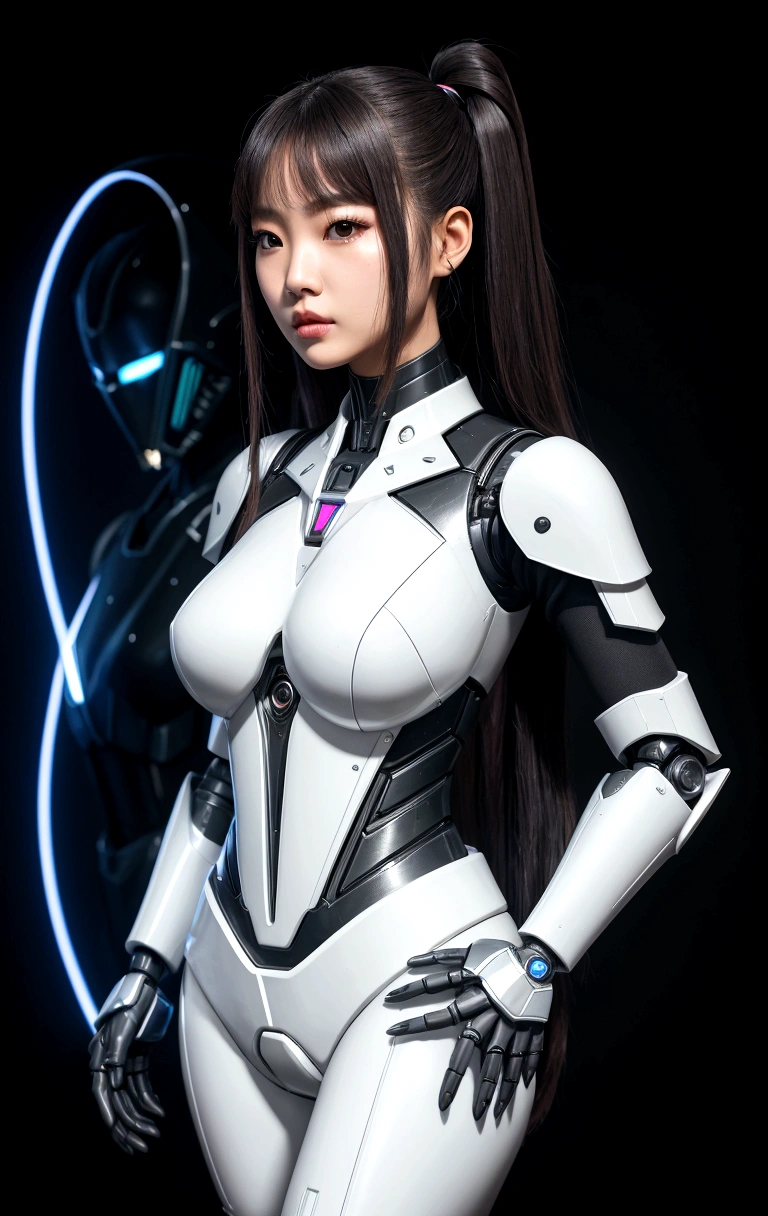 asian woman, standing, stop FRONT VIEW, tez blanca, korean, tits, futuristic clothing, modern outfit provided, NO DEFORMATIONS, beautiful, robot, cyborg, android, light, laser, League of Legends, splah art, sexy, the payment, chrome, Metal, FNAF, Animatronic, White y negro, shadows, contrast, linda, beauty, goddess, kpop, Twice, Blackpink, warframe, robots, EVERGLOW, Aespa, idol, star wars, steel, iron, Metal, the payment, Dark, lingerie, Dorado, gold, lights, trails, cables, wires, doll, doll, doll, haydee. neutral background, armor, haydee, hair without bangs, hair on the sides, long straight hair, hair without bangs, hair on the sides, White, White, lights y detalles celestes.