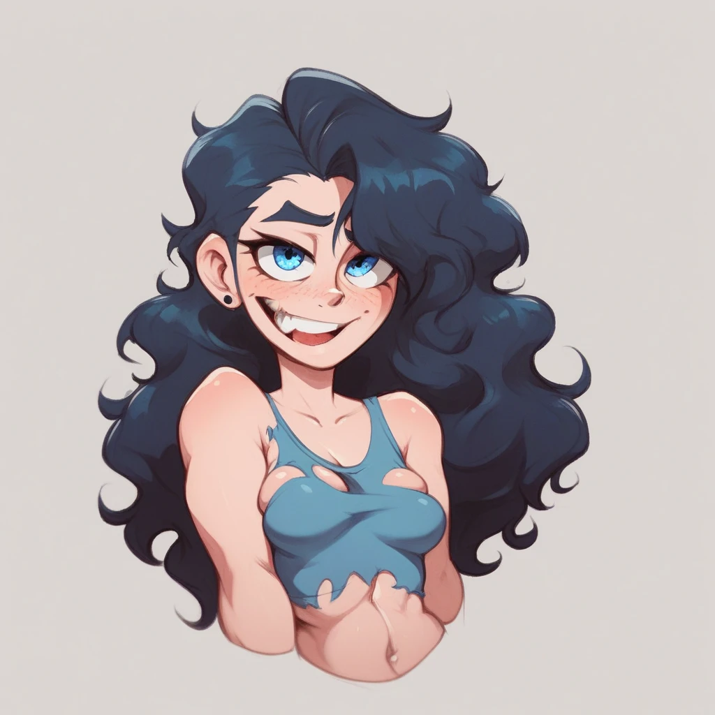 Ralph Bakshi Style, Curvy blue eyed girl with long wavy black hair and small breasts, nudity1.5, (extreme nsfw), torn tanktop, (tits out), lewd