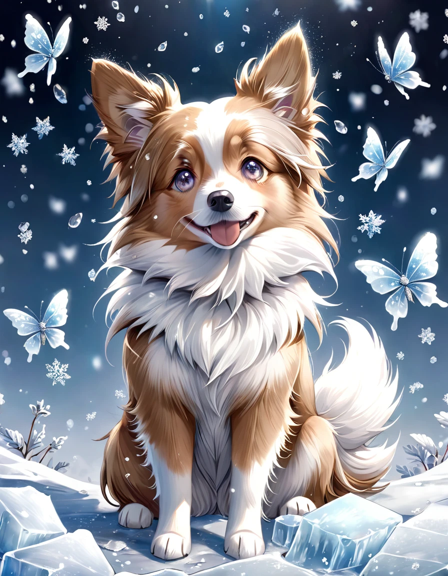 absurdres, highres, ultra detailed, HDR, master piece, best quality, extremely detailed, dog, border collie doble merle, pure white fur, light brown around the eyes, light brown ears, solo, cute, small, fantasy, magical, magic, glittering, sparkling, ice butterflies, ice flowers, snowing, snowflakes, winter, ice