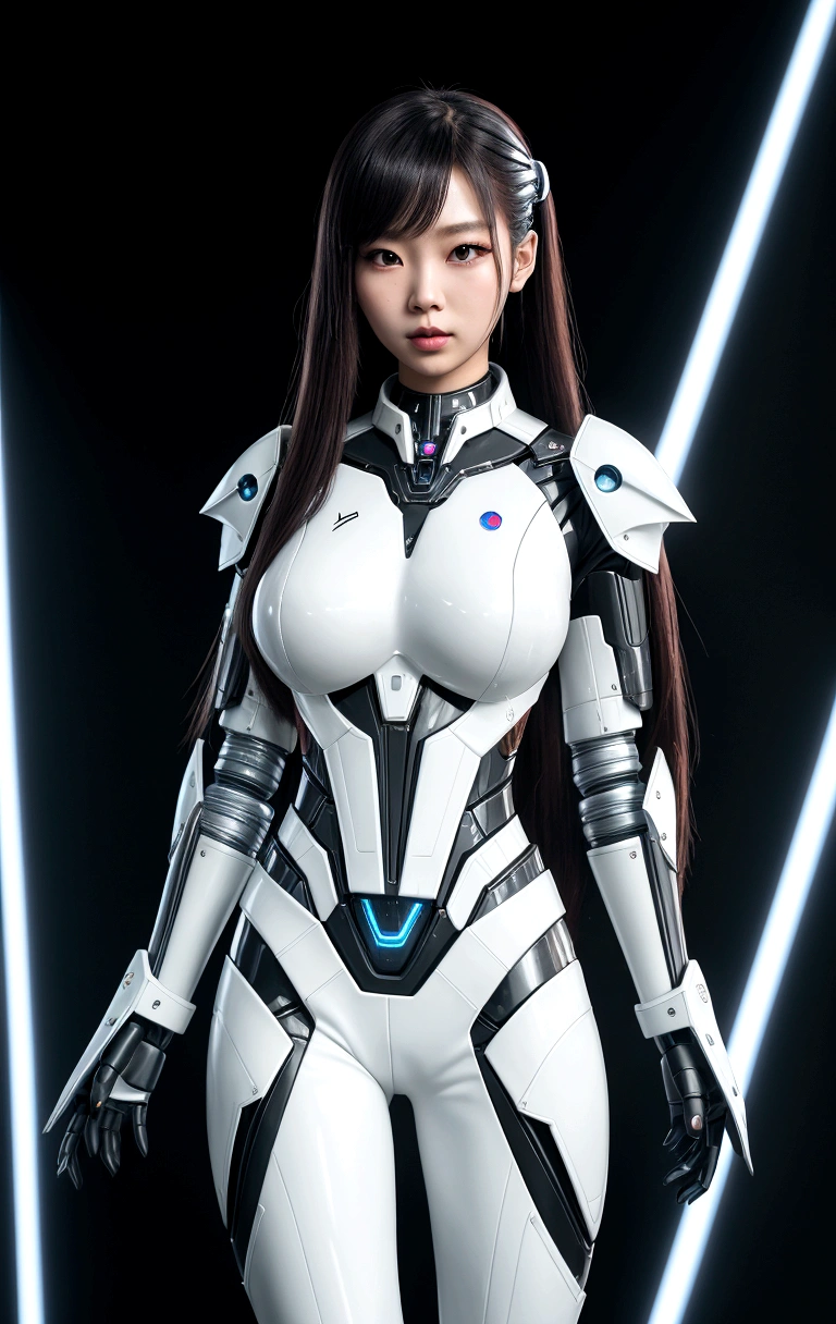 asian woman, standing, stop FRONT VIEW, tez blanca, korean, tits, futuristic clothing, modern outfit provided, NO DEFORMATIONS, beautiful, robot, cyborg, android, light, laser, League of Legends, splah art, sexy, the payment, chrome, Metal, FNAF, Animatronic, White y negro, shadows, contrast, linda, beauty, goddess, kpop, Twice, Blackpink, warframe, robots, EVERGLOW, Aespa, idol, star wars, steel, iron, Metal, the payment, Dark, lingerie, Dorado, gold, lights, trails, cables, wires, doll, doll, doll, haydee. neutral background, armor, haydee, hair without bangs, hair on the sides, long straight hair, hair without bangs, hair on the sides, White, White, lights y detalles celestes.