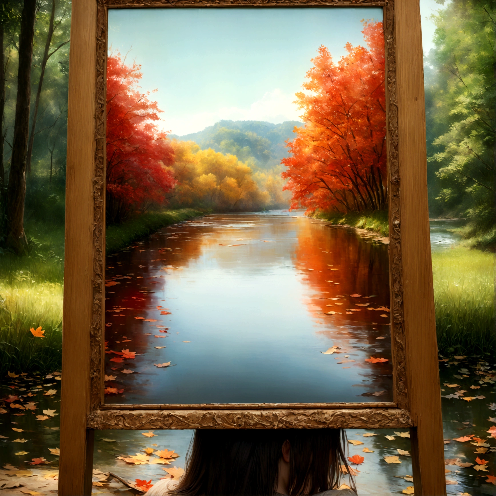 the river, colorful leafs, trees, grass, all in one body woman in painting of picture currently face down facing the back of the camera from ass body woman, real hyper realistic, UHD 16k, detailed photo, photo was taken from the body woman painting of picture