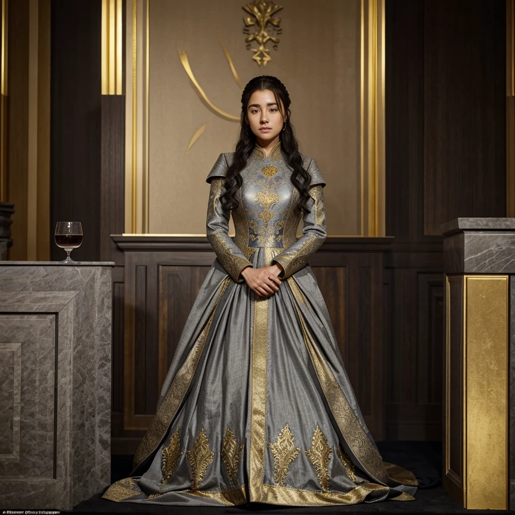 Generate a suit for a man, based on game of thrones sterics, this consort is respected by his spouse, He has a dark complexion and gray hair., The representative color of the house is gold, make an outfit that makes her figure stand out, but display it on a stand, without anyone wearing it.