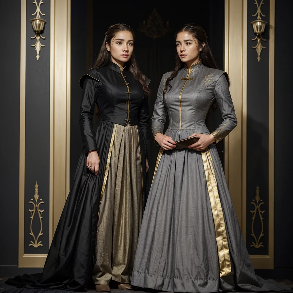 Generate a suit for a man, based on game of thrones sterics, this consort is respected by his spouse, He has a dark complexion and gray hair., The representative color of the house is gold, make an outfit that makes her figure stand out, but display it on a stand, without anyone wearing it.