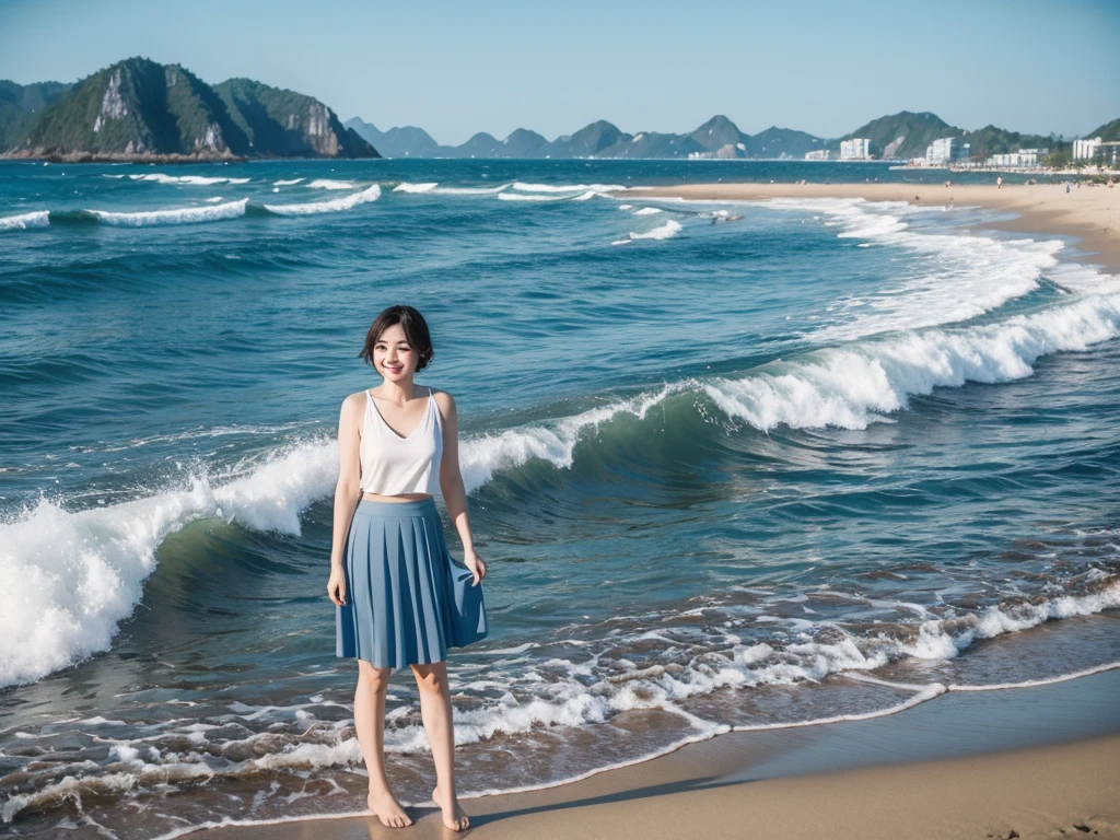 8K, blue sea with waves., Danang Beach, Vietnam, Beautiful 36-year-old short Korean woman, Chest size 34 inches, Wear sleeveless, light skirt. beautiful pretty woman look , wearing a light skirt , Short medium hair blowing in the wind, 1 short woman, beautiful eyes, I smile, Full-body photo taken from afar with a wide-angle lens, The background is clean and perfect., standing on the beach