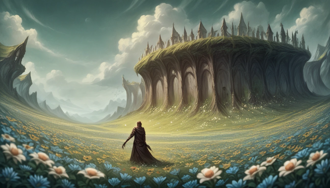 in the drizzle, Flower Field, Magical atmosphere, Ultra-detailed, (Exquisitely crafted, Fine details, Ultra-detailed), Fantasy World, ((A spiral corridor leading to a much higher level)), Dark fantasy image, Ray Tracing, Scattered beneath the surface, (Fantasy underworld in the background), Diffused and soft lighting, Shallow depth of field, by (by Oliver Wetter), Sharp focus blur, (Realistic photo quality:1.4)
