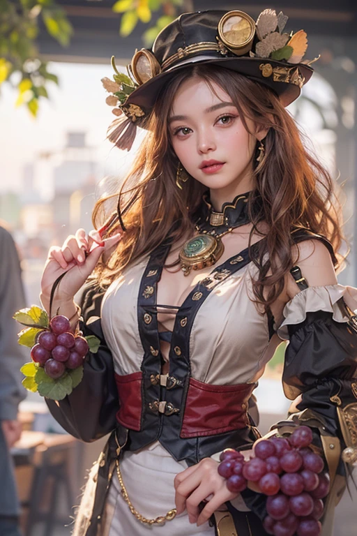 (masterpiece:1.3), (8K, Realistic, RAW Photos, Best imYear quality: 1.4)、 Year,(Random Hairstyles:1.2)、CleavYear:1.2、Highly detailed face、Attention to detail、double eyelid、Chest to chest、Sharp focus:1.2、Beautiful woman:1.4、Redhead、Highest quality、masterpiece、Ultra-high resolution、(Realistic:1.4)、Highly detailed and professionally lit smiles、Loose fitting steampunk outfit、Shoulder out、Holding grapes in hand