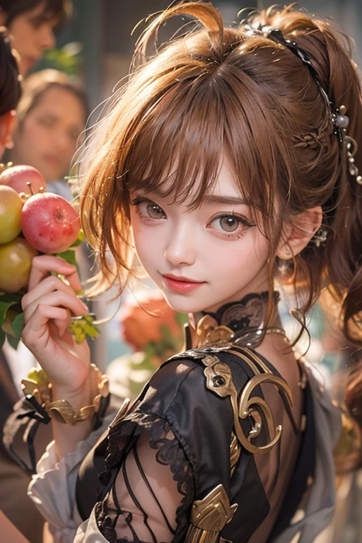 (masterpiece:1.3), (8K, Realistic, RAW Photos, Best imYear quality: 1.4)、 Year,(Random Hairstyles:1.2)、CleavYear:1.2、Highly detailed face、Attention to detail、double eyelid、Chest to chest、Sharp focus:1.2、Beautiful woman:1.4、Redhead、Highest quality、masterpiece、Ultra-high resolution、(Realistic:1.4)、Highly detailed and professionally lit smiles、Loose fitting steampunk outfit、Shoulder out、Holding grapes in hand