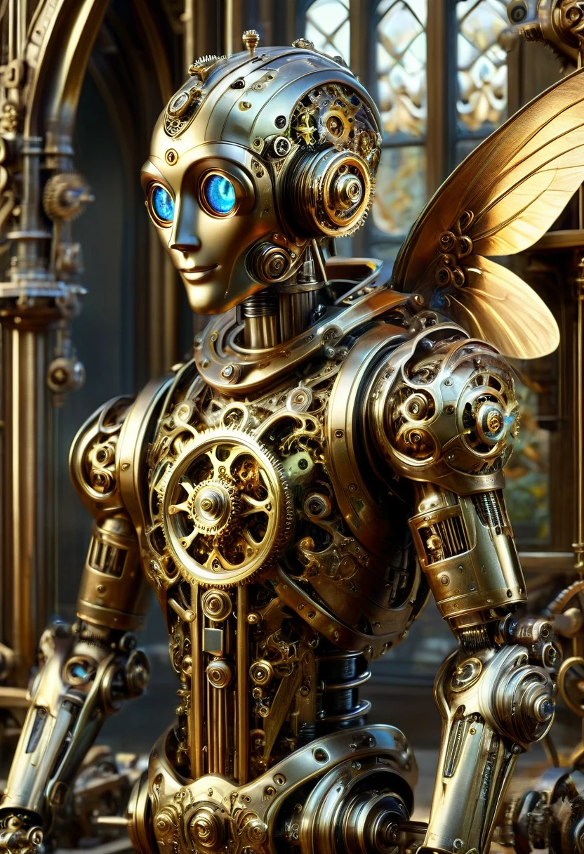 A robotic clockwork fairy. All bronze, gears, crAFTSMAN STYLE. GLASS WINGS. masterpiece, best quality, highly detailed, solo, looking at viewer, smile, mechaical face, face sculpted bronze. Ultra HD, Rococo-Inspired Fantasy Art With Intricate Details. Cute, Charming Expression, Alluring-Gaze, looking at viewer Beautiful Eyes, An-Ideal-Figure. . slim waist, fit body, Warm lightssymmetrical face, photorealistic, photography, path tracing, specular lighting, volumetric face light, path traced hairmaximum quality{(masutepiece) (8K High Resolution) (top-quality) In the style of breath of the wild.medieval monastery garden,steampunk craftsman robot monk,beautiful ornate architecture,steampunk machinery and gears,exquisite stained glass windows,enchanted flower garden,ancient stone walkway with intricate carvings,glowing candles and dimly lit atmosphere,steam and smoke billowing from the machinery,mystical atmosphere,peaceful and serene setting,mechanical wings attached to the robot monk's back,robot monk with intricate clockwork mechanisms,electromechanical eyes glowing with energy,warm golden color palette,gentle sunlight streaming through the stained glass windows,whispering sound of wind and rustling leaves,the scent of aged books and incense,notes of ancient Gregorian chants echoing in the air,sense of awe and tranquility,combination of futuristic and medieval elements,harmony of technology and spirituality.