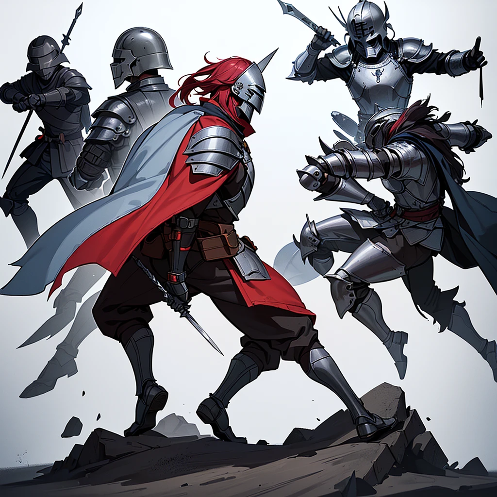 ((Full body character concept, Detailed character design))、Highest quality, Best Quality,Best illustrations、(((Iron Mask、pocket、Iron Helmet)))、Medieval Armor、Medieval Knight、Full grey armor、(((20-year-old male)))、Dramatic Angle、(battle)、battlefield、Movement angle、Grab the sword、wasteland、(Fighting stance)、Run、(((White background)))、(From the back、Back view)