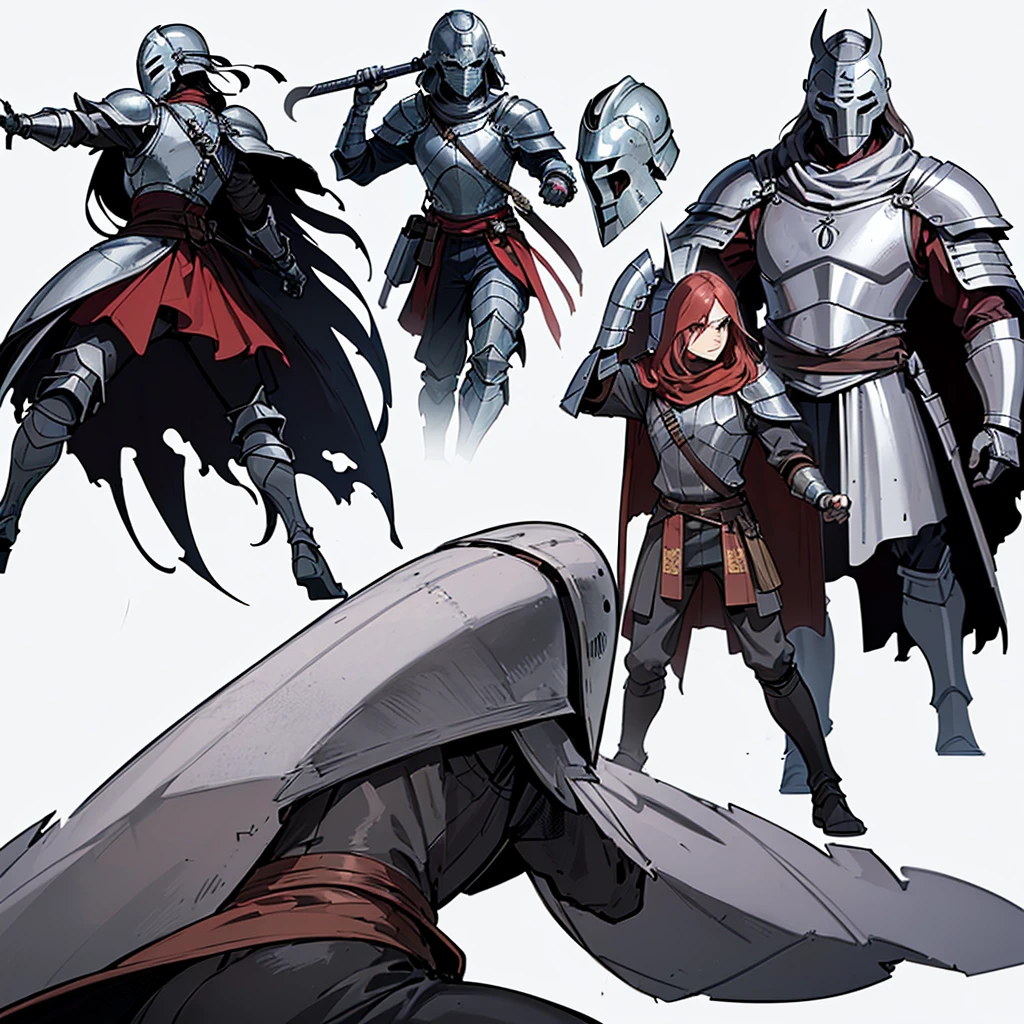 ((Full body character concept, Detailed character design))、Highest quality, Best Quality,Best illustrations、(((Iron Mask、pocket、Iron Helmet)))、Medieval Armor、Medieval Knight、Full grey armor、(((20-year-old male)))、Dramatic Angle、(battle)、battlefield、Movement angle、Grab the sword、wasteland、(Fighting stance)、Run、(((White background)))、(From the back、Back view)