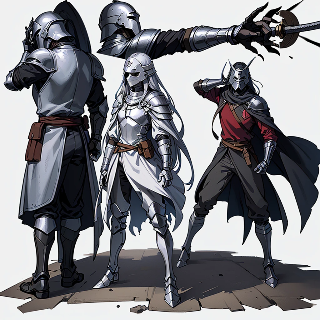 ((Full body character concept, Detailed character design))、Highest quality, Best Quality,Best illustrations、(((Iron Mask、pocket、Iron Helmet)))、Medieval Armor、Medieval Knight、Full grey armor、(((20-year-old male)))、Dramatic Angle、(battle)、battlefield、Movement angle、Grab the sword、wasteland、(Fighting stance)、Run、(((White background)))、(From the back、Back view)