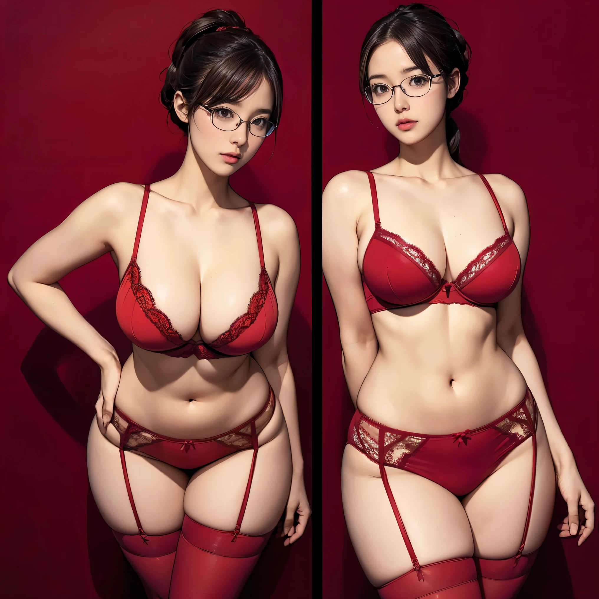((masterpiece)),(((highest quality))),((Reference Sheet, Character Design, in front, looking at the viewer , girl with glasses, ~ ~ in front posing, Mr..々Hairstyle, Mr..々Performance, Facial Expressions)), 30-year-old girl in panties red, Cute type, (curvy:1.4), (big ass:1.4), Realistic buttocks, Big Breasts, huge tits , thick thighs, Long legs, It's not a big deal, ((High quality fabric, panties red, panties, bra, stockings)), ((panties red:1.0)