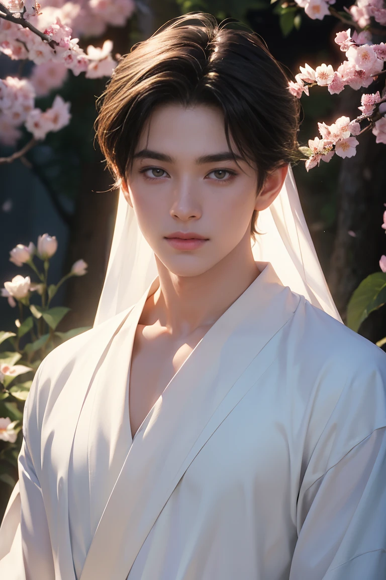 a beautiful young asian prince, long flowing white robes, pale skin, moonlit garden, (best quality,8k,highres,masterpiece:1.2),ultra-detailed,(realistic,photorealistic,photo-realistic:1.37),extremely detailed face and eyes,delicate facial features,elegant posture,serene expression,moonlight shining on him,lush garden with cherry blossoms,ornate architecture in background,warm soft lighting,vibrant colors,fantasy,concept art style