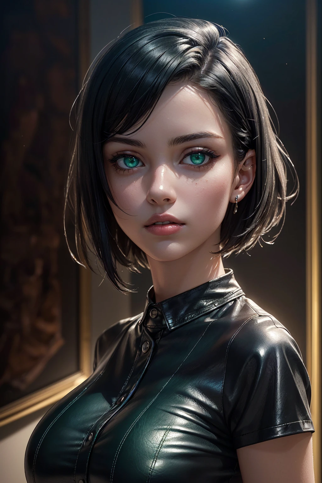 (ultra realistic,32k, masterpiece:1.2),(high detailed skin:1.1),( high quality:1.1),
(1girl, solo, green eyes, jet-black hair, short hair, black leather shirt, short shorts, (looking at viewer, portrait:1.1), huge breasts, large breasts, (beautifully lit:1.1),