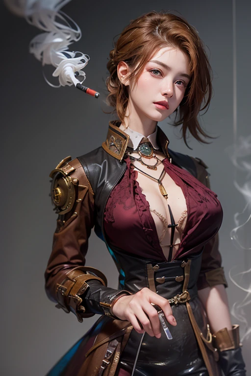 (masterpiece:1.3), (8K, Realistic, RAW Photos, Best imYear quality: 1.4)、 Year,(Random Hairstyles:1.2)、CleavYear:1.2、Highly detailed face、Attention to detail、double eyelid、Chest to chest、Sharp focus:1.2、Beautiful woman:1.4、Redhead、Highest quality、masterpiece、Ultra-high resolution、(Realistic:1.4)、Highly detailed and professionally lit smiles、Loose fitting steampunk outfit、Shoulder out、thin、Serious expression、Smoking a long cigarette in a dark bar