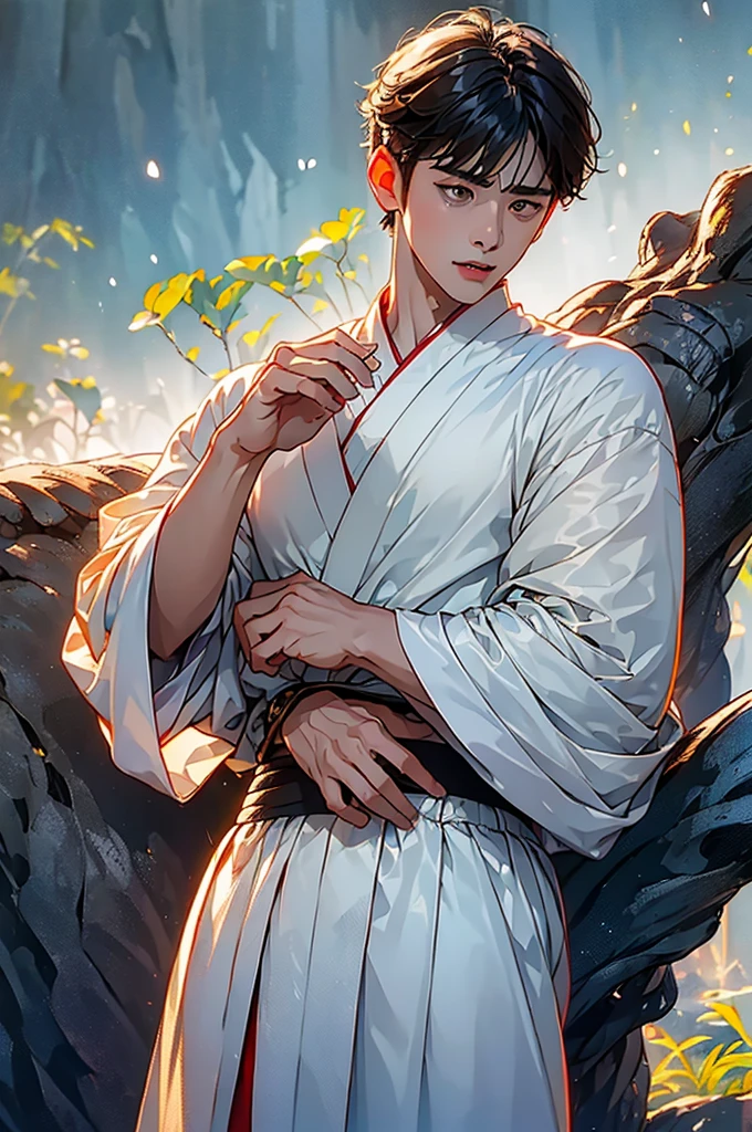 (in 8K、top-quality、​masterpiece:1.2)、1 boy、short-haired、Hair short、Brown-skinned、red view、fighting with monster .