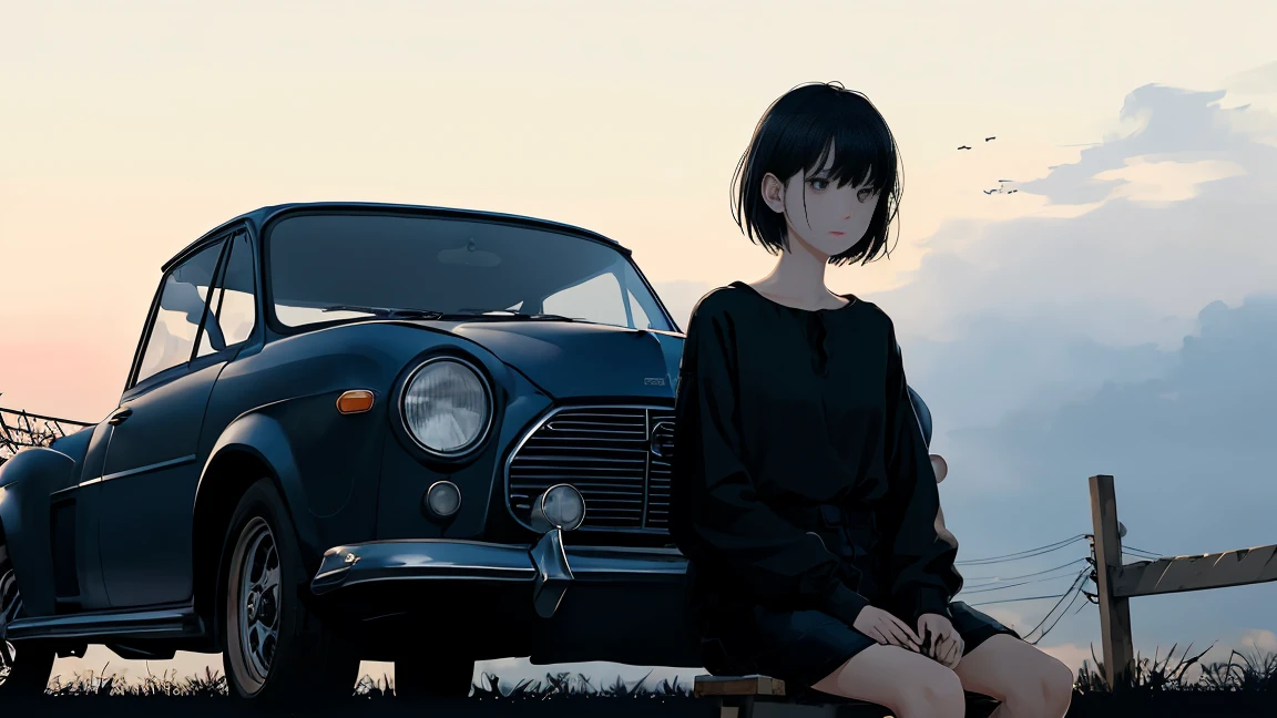 girl、blouse、Holding a gun、Black Hair、short hair、Look down、Sit on top of the car、sitting cross-legged、Watercolor、Looking into the distance、Stylish illustrations、One person、Not real、Simple illustration、Navy blue supercar、