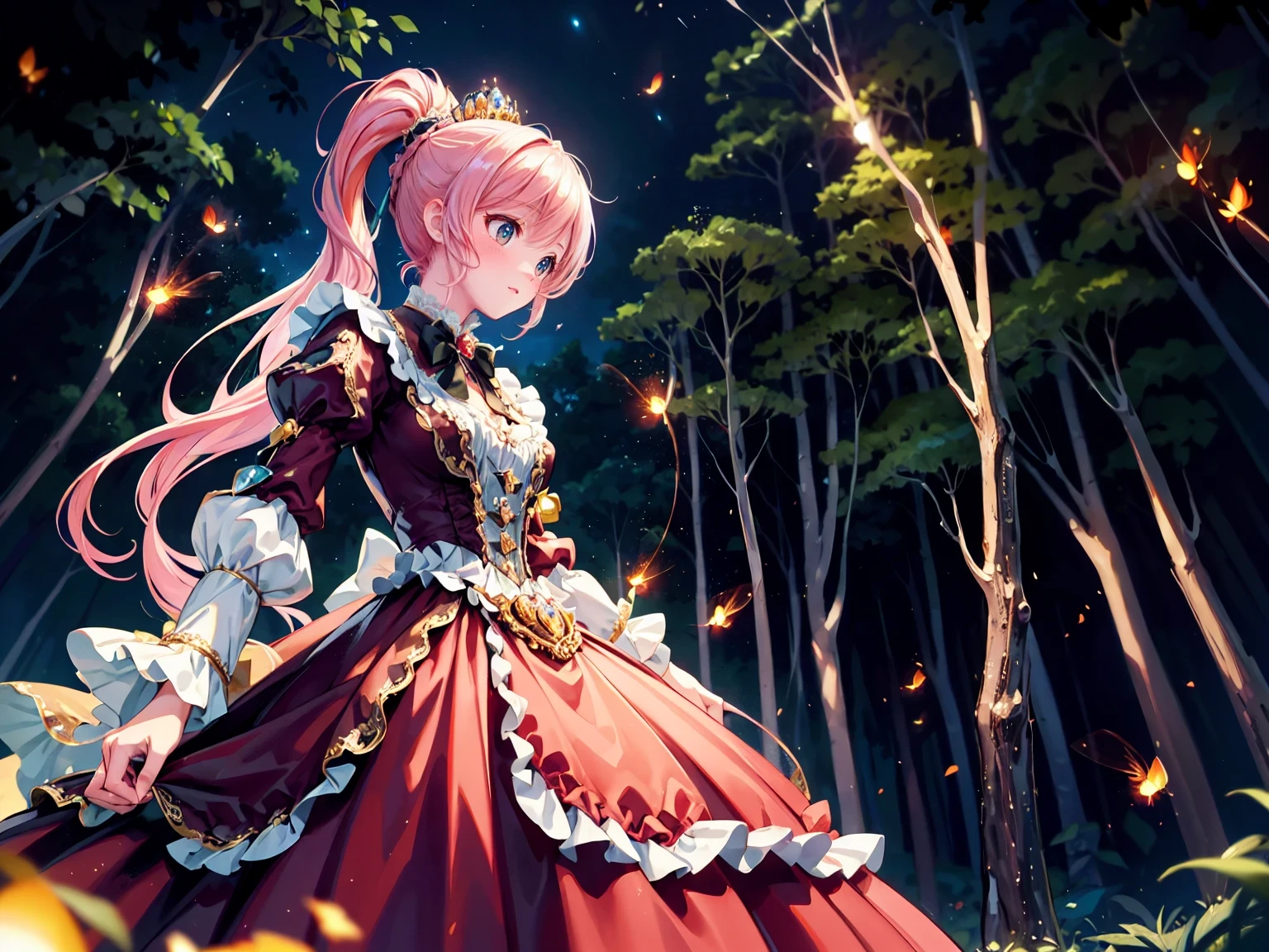 (((young face solo Captivating Adorable princess))), (((dress garnet dress)))), (((Unsurpassed gorgeous rococo victorian gown with voluminous  hoopskirt and long hems, princess style skirt:1.9))), (gown brilliances dazzlingly glitter reflective prismatic transparency gown:1.5), (gown ultra elaborate gown:2), (gown transparent gown:1.5),  (((huge breasts:1.5))), breasts focus, breasts cleavage, (hair pink hair:1.6), (((ponytail fluffy long ponytail:1.6))), ((Expressive hair)), very voluminous and very long hair, bangs, super delicate and beautiful face, beautiful lips, (hyper detail delicate beautiful eyes blue eyes), hair ornament silver ornament, beautiful smile, ((cowboy shot:1.3, from below:1.5, looking up:1.5, dynamic pose:1.5, dutch angle:1.5)), (((Masterpiece, Super detail, top quality, ultra high res, Spectacular Quality, Distinguished Quality, ultra detailed, unity 16k, ultra photo realistic))), (firefly light so many firefly light, in night forest:1.5), 