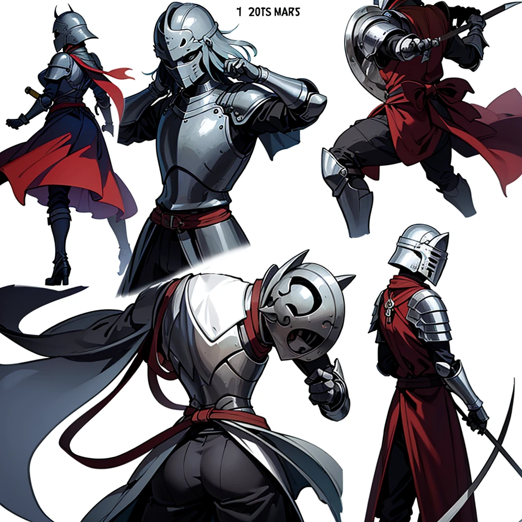 ((whole body、Detailed character design))、Highest quality, Best Quality,Best illustrations、(((Iron Mask、pocket、Iron Helmet)))、Medieval Armor、Medieval Knight、whole bodyが灰色の鎧、(((20-year-old male)))、Dramatic Angle、(battle)、battlefield、Movement angle、Grab the sword、(Fighting stance)、Run、(((White background)))、(From the back、Back view)